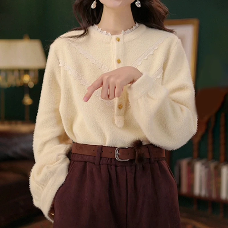 韩系温柔设计感拼接长袖毛衣女2025冬季新款休闲百搭气质减龄上衣