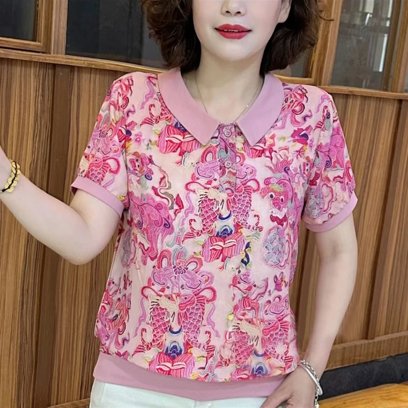 夏季新款时尚洋气翻领复古提花气质妈妈装宽松休闲短袖薄款上衣女