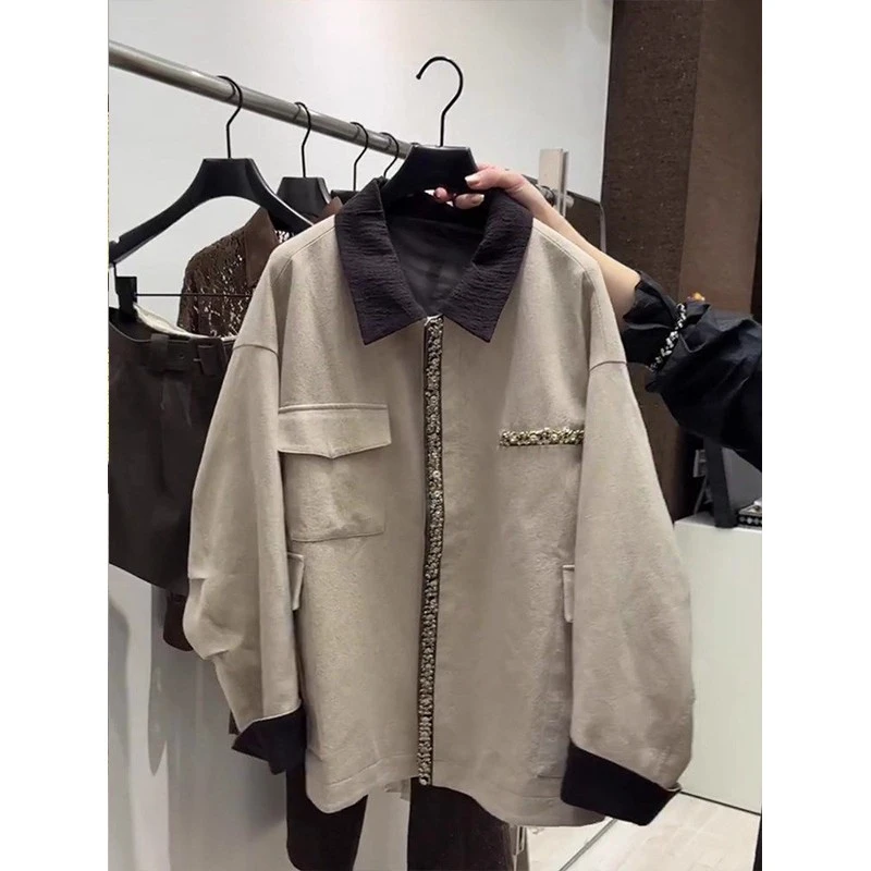 大码300斤胖MM美式复古工装夹克外套秋冬季新款撞色翻领棒球服女