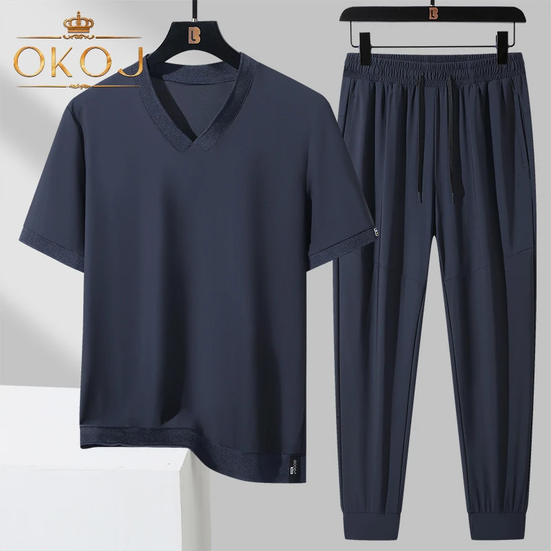 OKOJ运动套装男冰丝短袖夏季薄款户外跑步透气弹力轻奢休闲两件套
