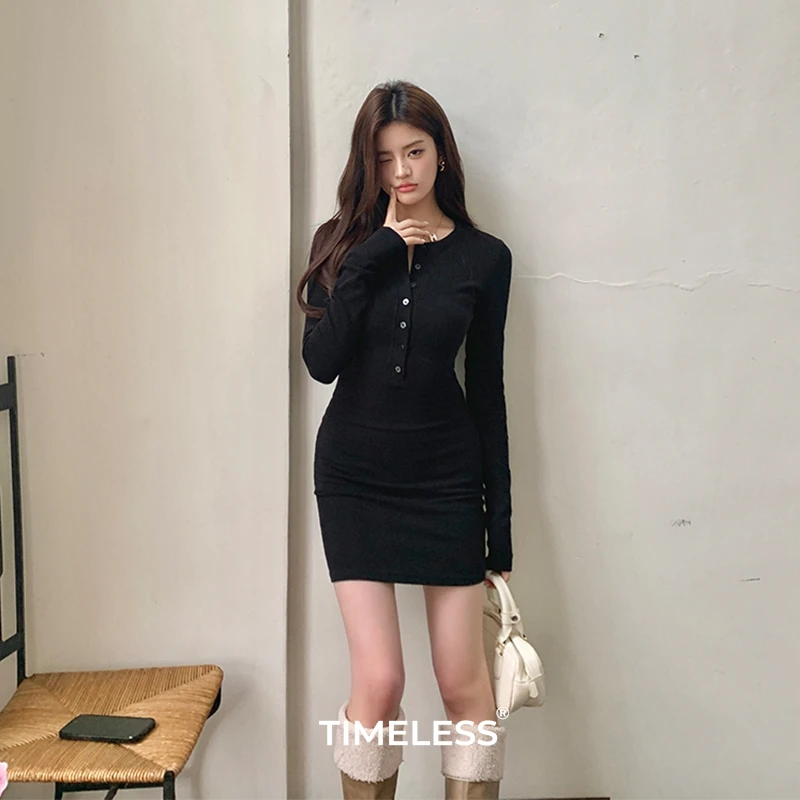 TIMELESS·性感辣妹黑色包臀裙秋季气质收腰显瘦针织连衣裙女