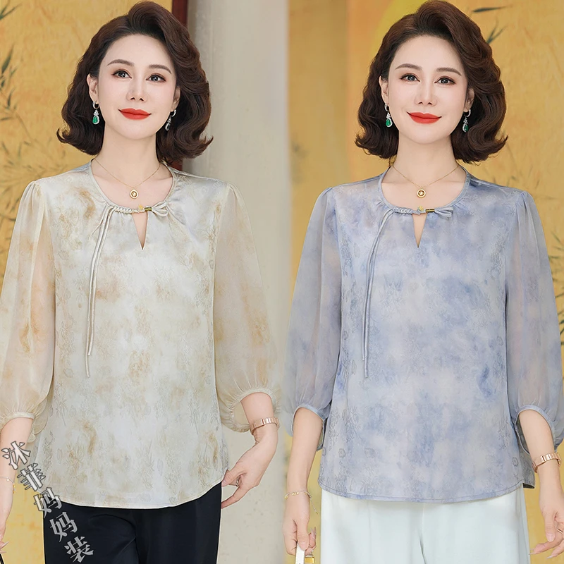 洋气妈妈装显瘦小衫夏季气质减龄t恤2025新款中老年女装宽松上衣