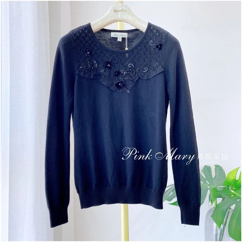 Pink Mary粉红玛琍黑色圆领简约羊毛衫女装针织衫毛衣PMAGW803988