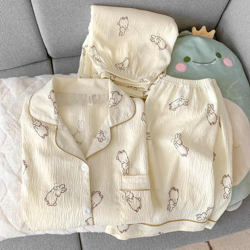 日系可爱兔子云朵棉睡衣女夏季短袖薄款大码卡通ins三件套家居服