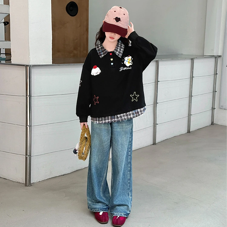 2025秋季新款女中大童格子领假两件卫衣时髦潮流休闲穿搭