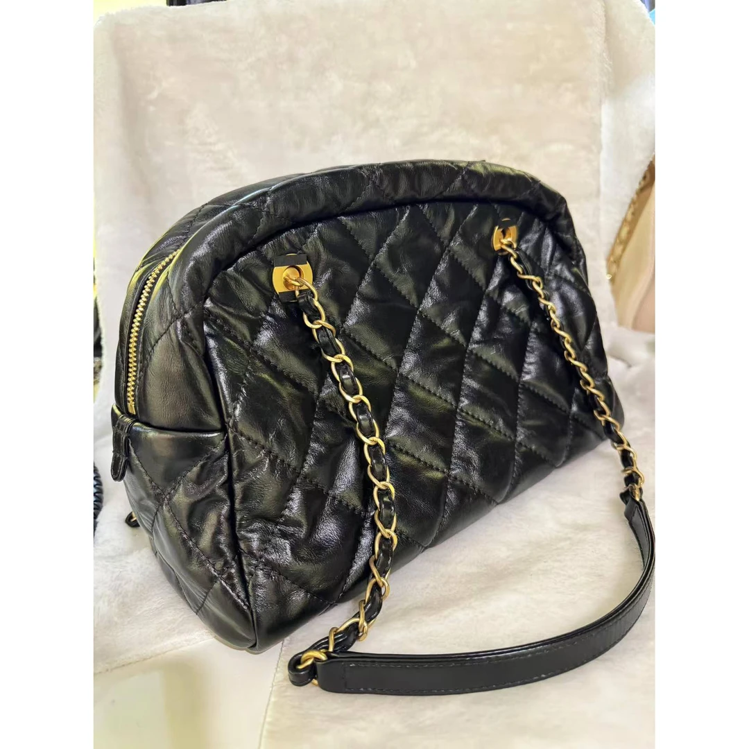 【保龄球一样的包 包 小香风时尚百搭女士黑色单肩菱格肩包