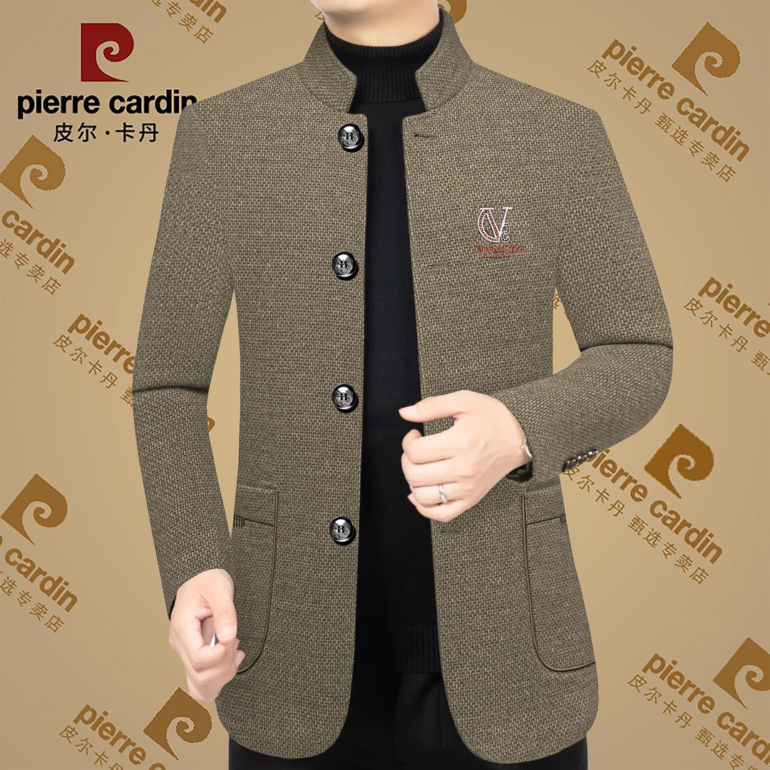 皮尔卡丹秋冬季新款高档男士立领加棉毛呢大衣中年中山装夹克外套