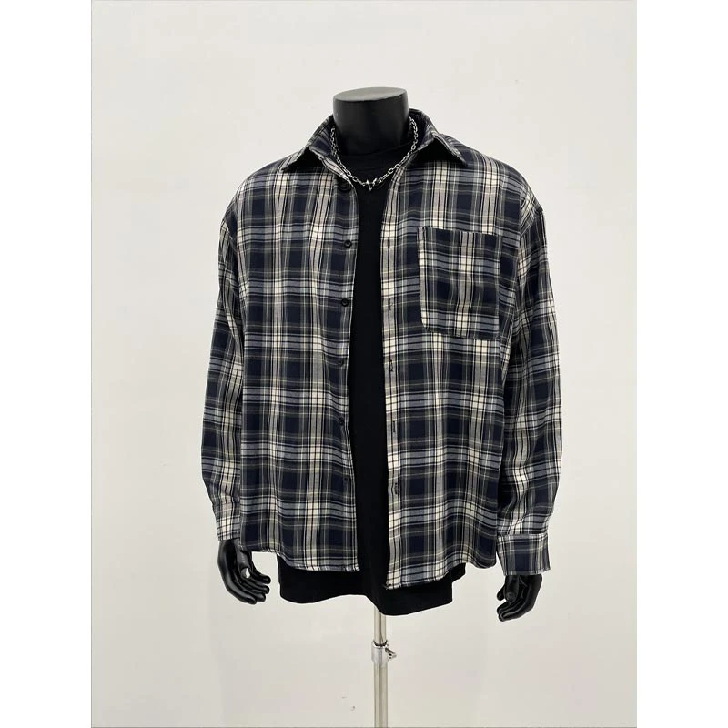 藏青色格子衬衫男早春穿搭cleanfit美式复古格纹叠穿内搭宽松外套