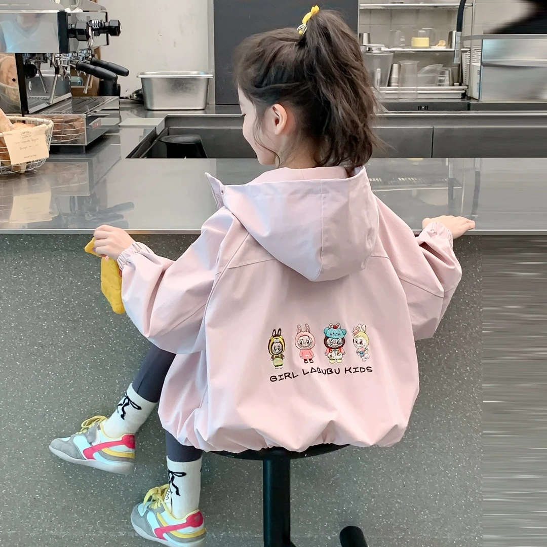 女童外套2025新款春秋洋气宝宝儿童夹克女孩冲锋衣连帽上衣