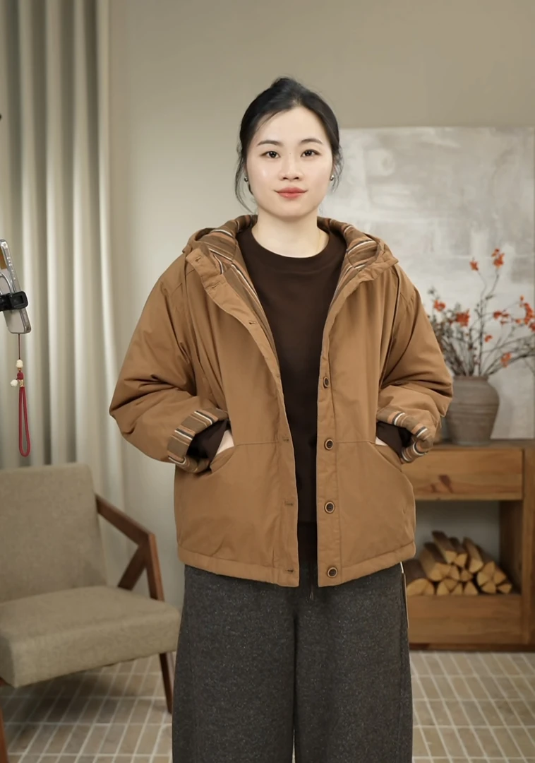 九月JIUYUE复古连帽棉服冬季保暖抽绳宽松气质百搭外套女 25152