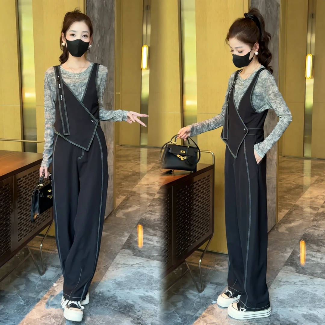 2025夏季扎染薄防上衣+重工设计师双肩带酷飒纯色显瘦连体裤套装