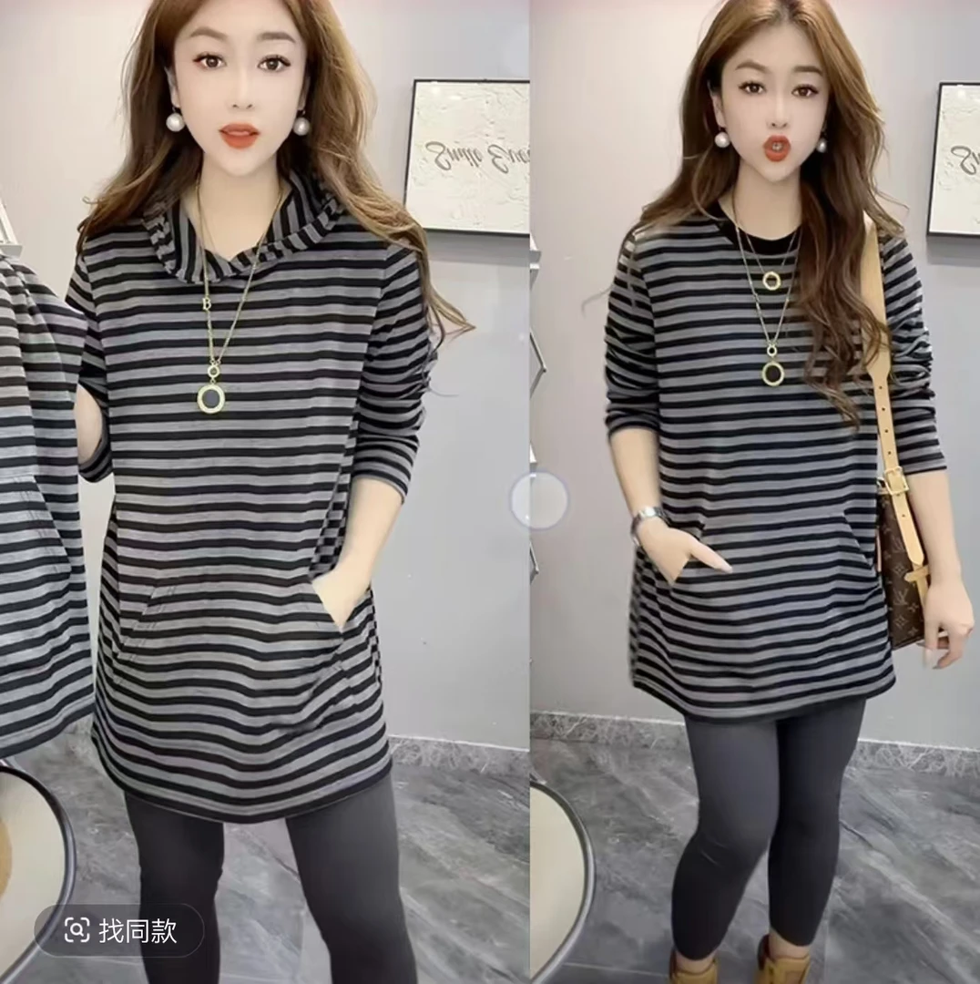 条纹T恤长袖时尚中长款春秋显瘦休闲连帽连帽韩版