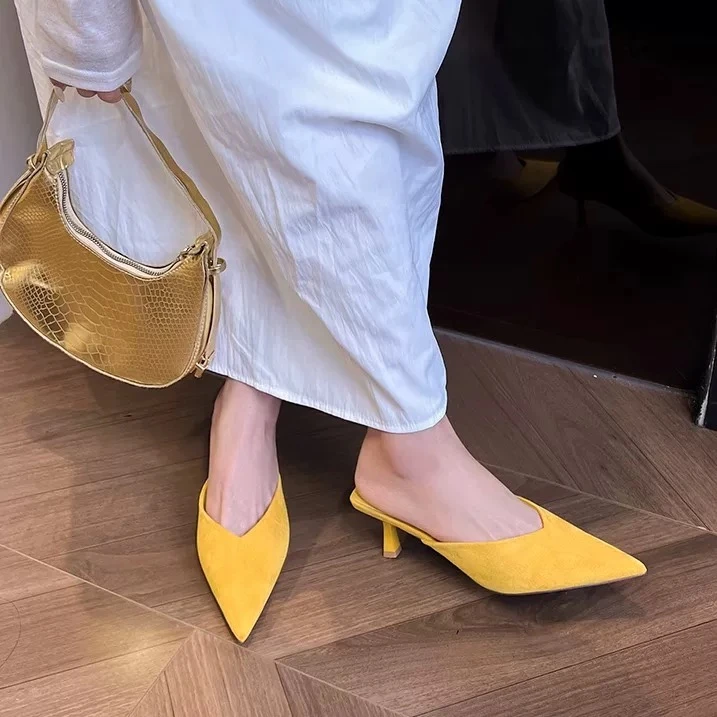 法式气质尖头绒面包头半拖鞋女外穿夏新款细跟凉拖鞋B6801