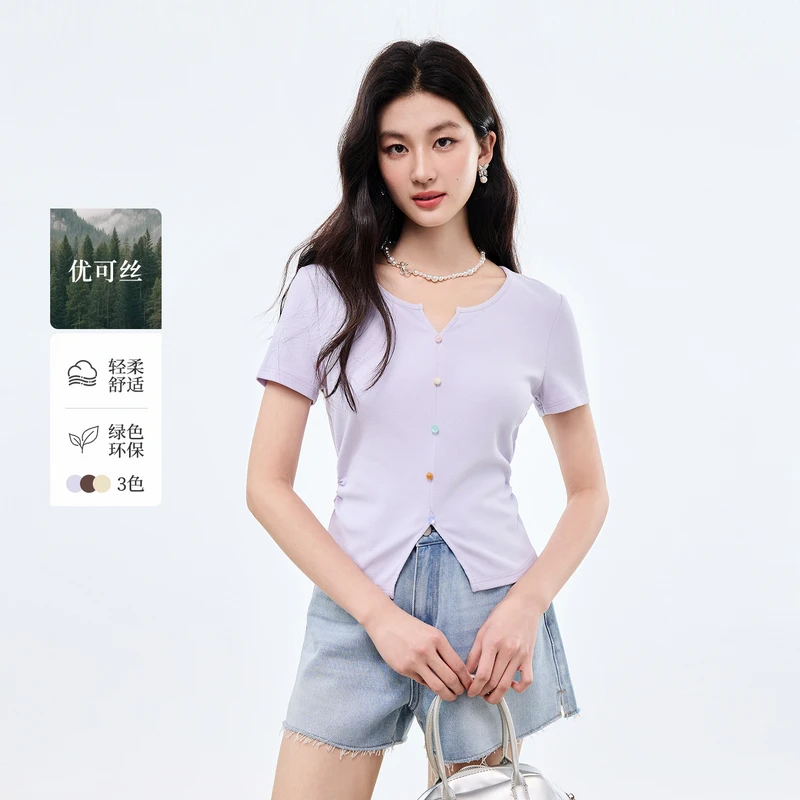 秋水伊人V领上衣2025年夏季新款女简约通勤短款T恤625203D200319
