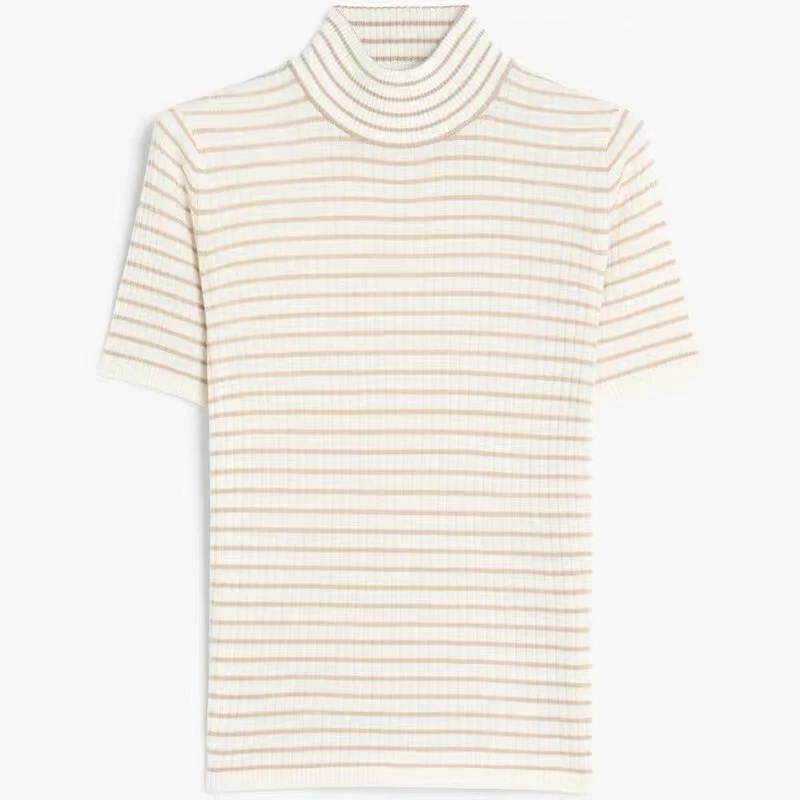 25n春季新款设计条纹高领套头衫针织衫（25Z0313）杏