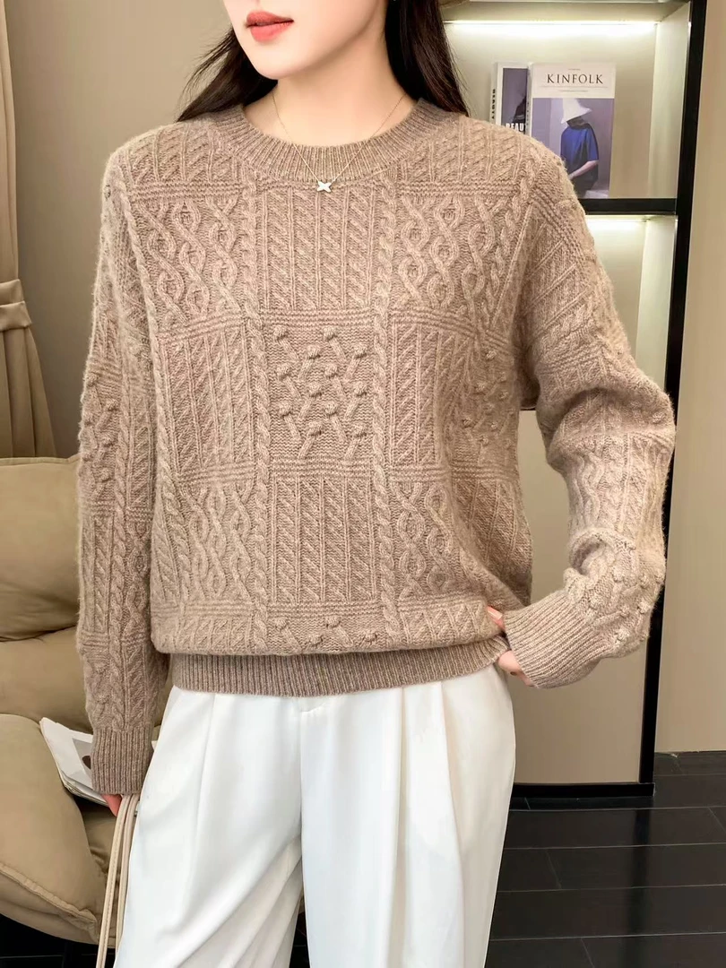 100精纺纯羊毛女圆领宽松半高领提花长袖羊绒衫（24128）