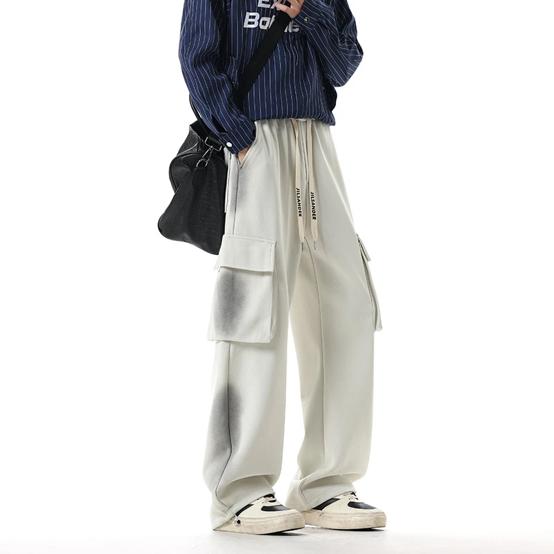 秋冬加厚卫裤阔腿裤子男士直筒宽松大码休闲拼接运动裤工装裤男