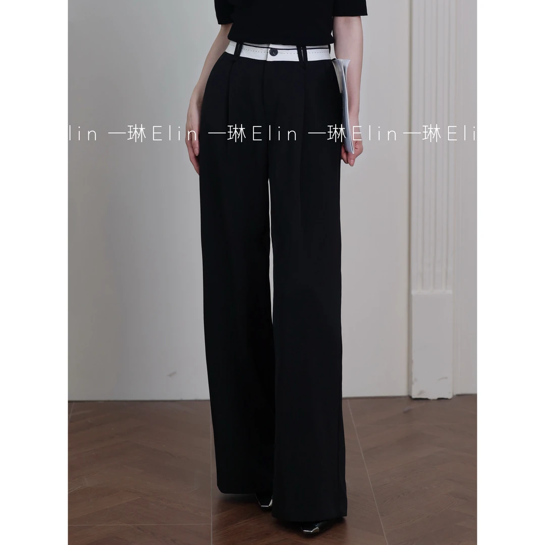 LZQ｜白边裤～气质显瘦时尚设计师款垂感黑色长裤XMZH9091