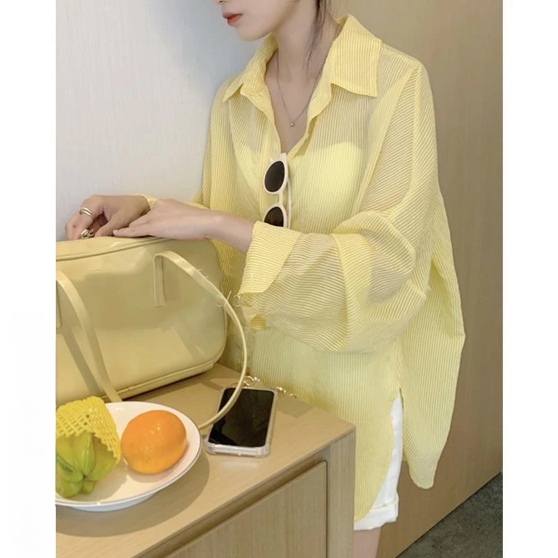 条纹防晒衣衬衫外套女夏季2025新款宽松空调罩衫外搭微透开衫上衣