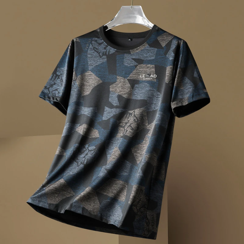 冰丝弹力夏季薄款潮牌迷彩休闲时尚运动大码短袖t恤男速干半袖T恤