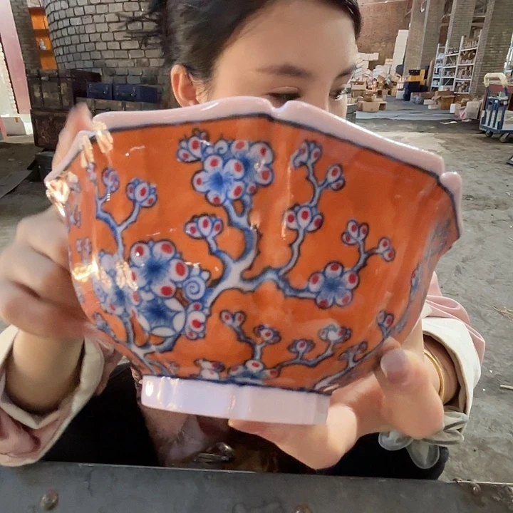 摆件景德镇高温陶瓷红希葵口碗