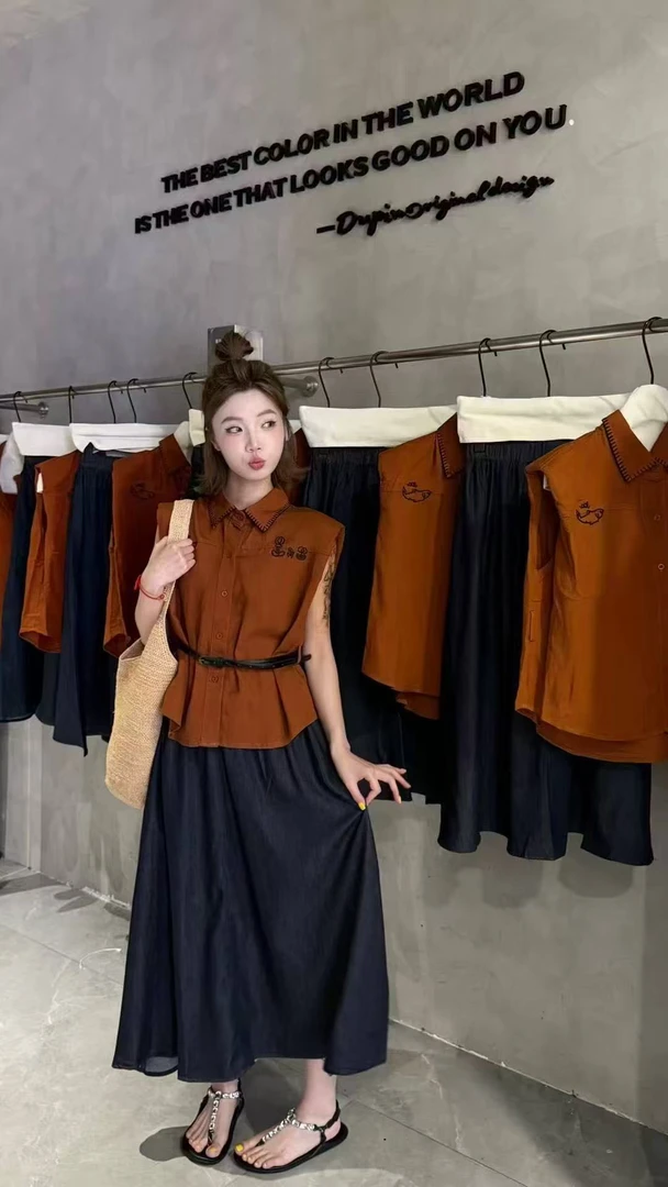 无袖衬衫搭配半身裙收腰显瘦气质穿搭高级感夏装