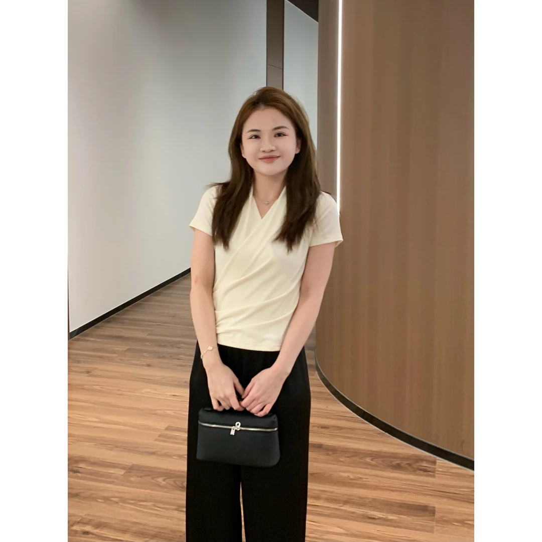 YO定制气质时髦百搭显瘦V领交叉短袖T恤夏季简约知性优雅收腰上衣