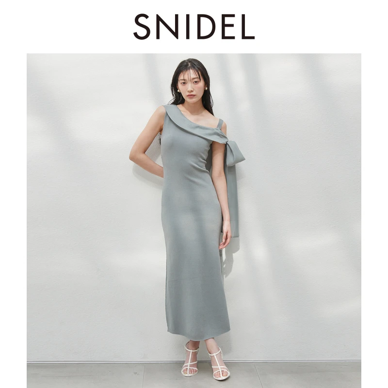 SNIDEL2025春夏新品荷叶边领单肩系带针织连衣裙SWNO254026