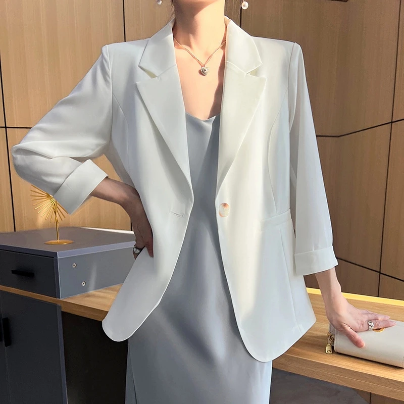 0632小西装外套女气质休闲西服韩版七分袖上衣白色显瘦时尚常规