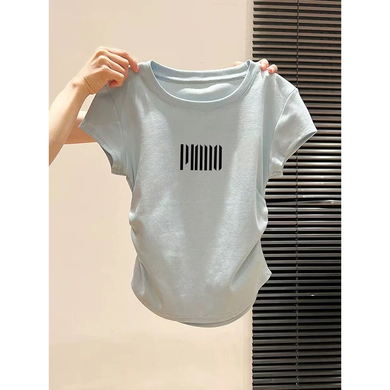 圆领正肩短袖女T恤夏2025新款褶皱收腰修身设计感天蓝色气质上衣