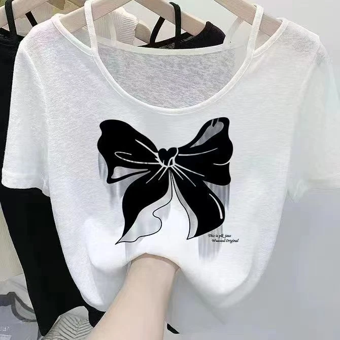 宽松洋气薄款上衣露肩印花微透气质t恤薄款短袖显瘦休闲夏季白色