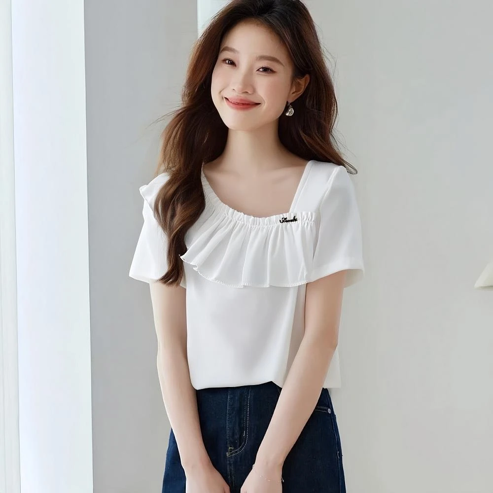 杜拉妮2025夏季新款法式木耳边短袖T恤甜美减龄上衣女