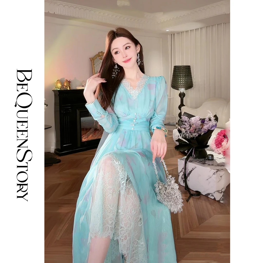 余潇潇【清池芳草】手工钉珠拼接蕾丝不规则印花连衣裙