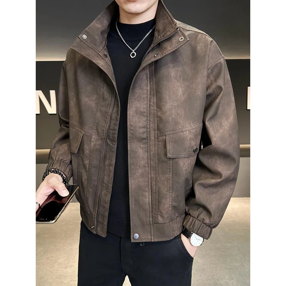 杜拉妮立领皮夹克男士加绒外套2025秋冬季新款宽松机车男装爆款夹