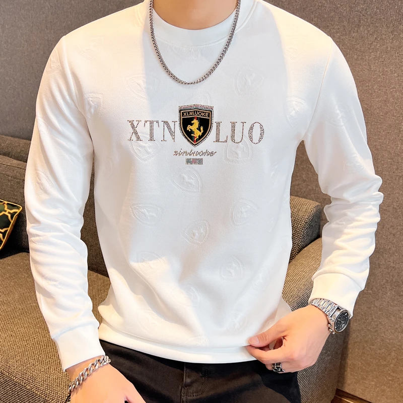 GUNEBOLURWA欧货烫钻圆领长袖t恤男士秋冬新款字母卫衣套头打底衫