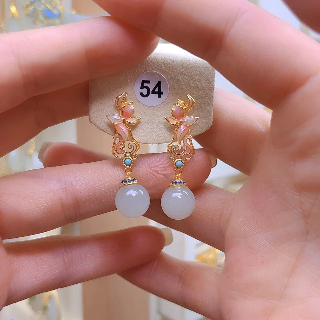 和田玉银S925镀金镶嵌耳饰