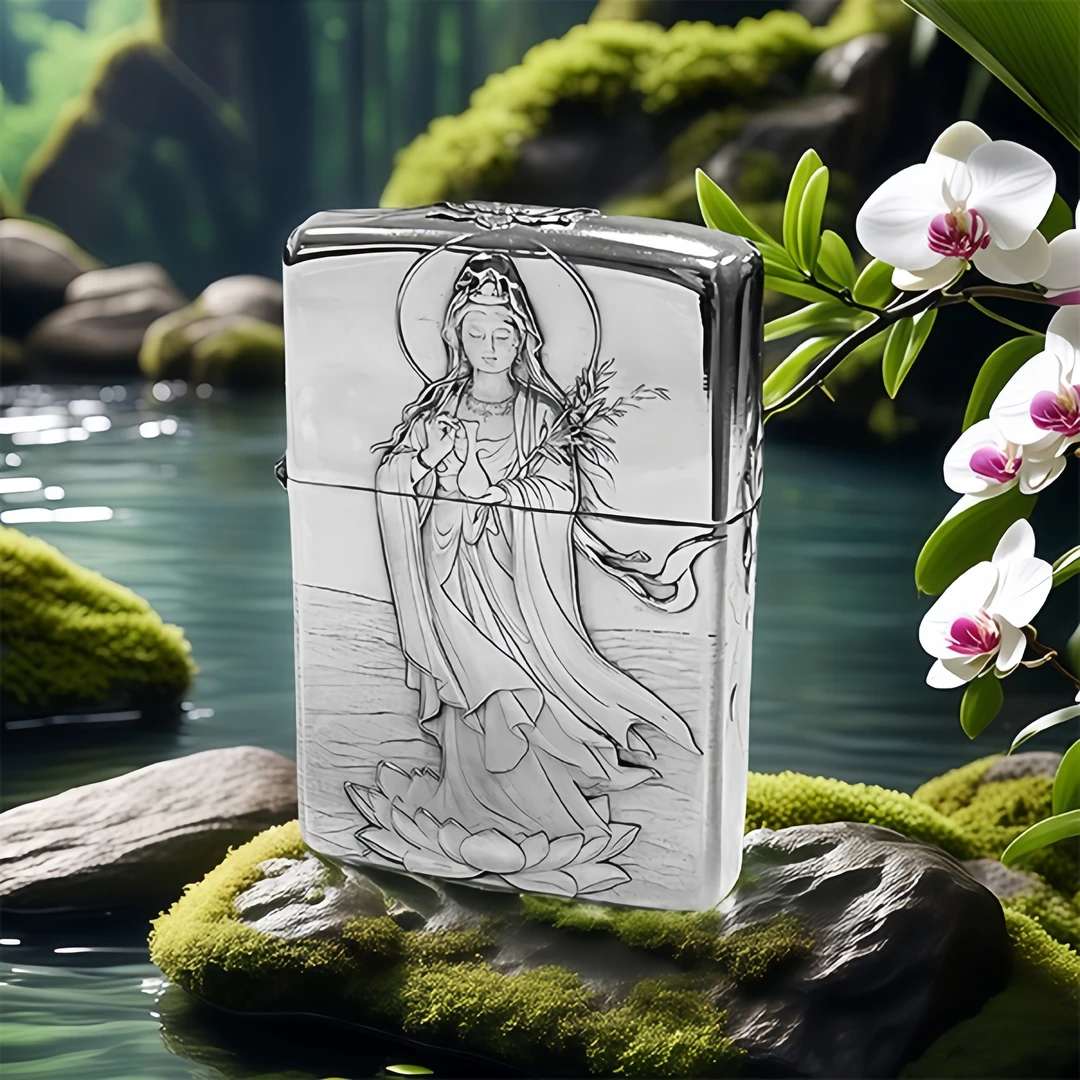 999纯银打火机六面浮雕工艺雕刻观音大,背面玉如意,男士收藏