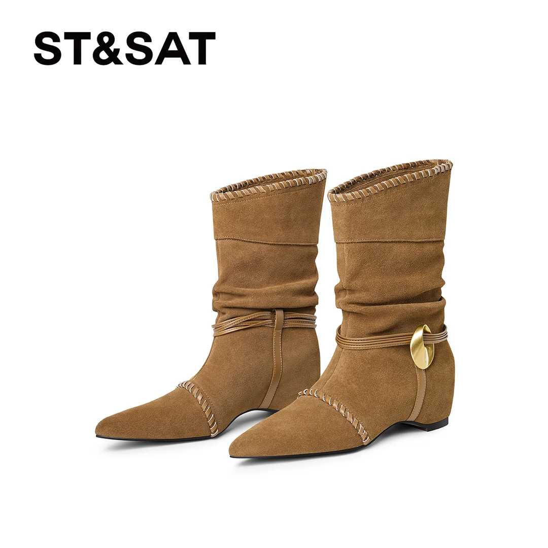 St&Sat/星期六气质时装靴新款时尚女爆款百搭复古经典尖头骑士靴