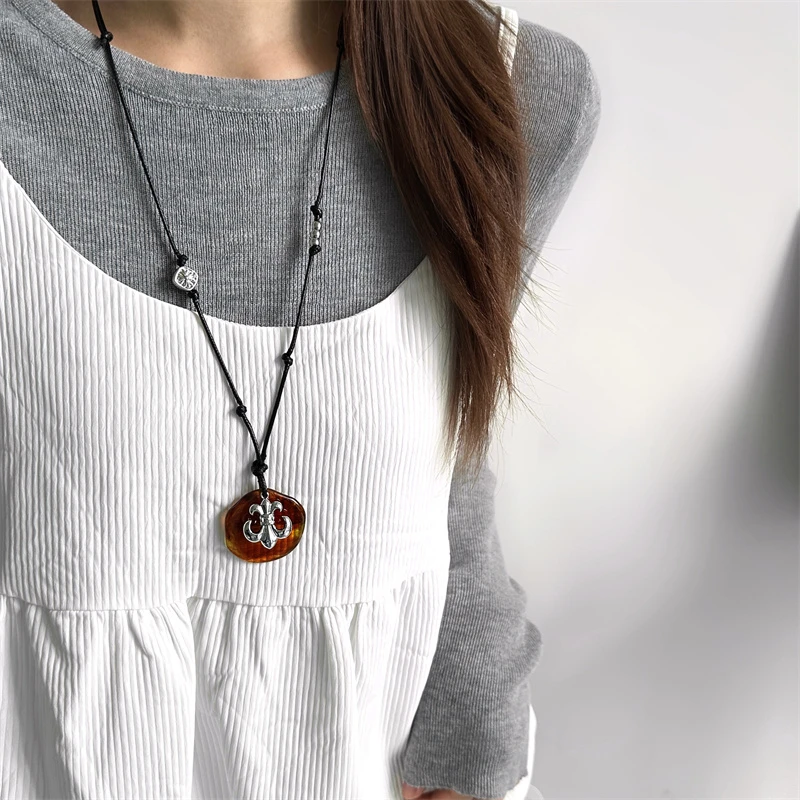 非金属棉绳项链 X6069-1复古民族风鸢尾花项链时尚百搭小众ins风