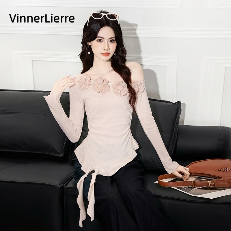 薇妮诺早秋法式立体花朵不规则斜肩长袖打底衫女褶皱收腰绝美上衣