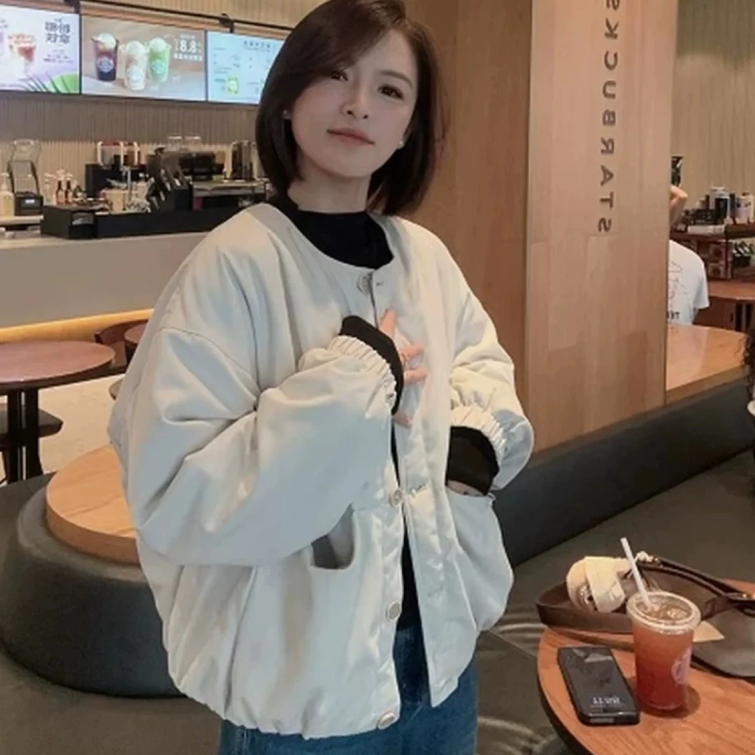 【黑糖】CHAO推荐！复古简约轻便无领花苞设计保暖棉服外套