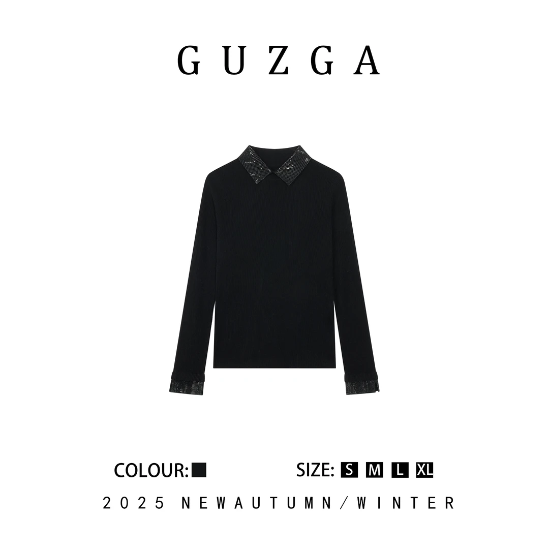 GUZGA【活力四射】2025春季上新黑色亮钻翻领针织上衣时尚百搭简约