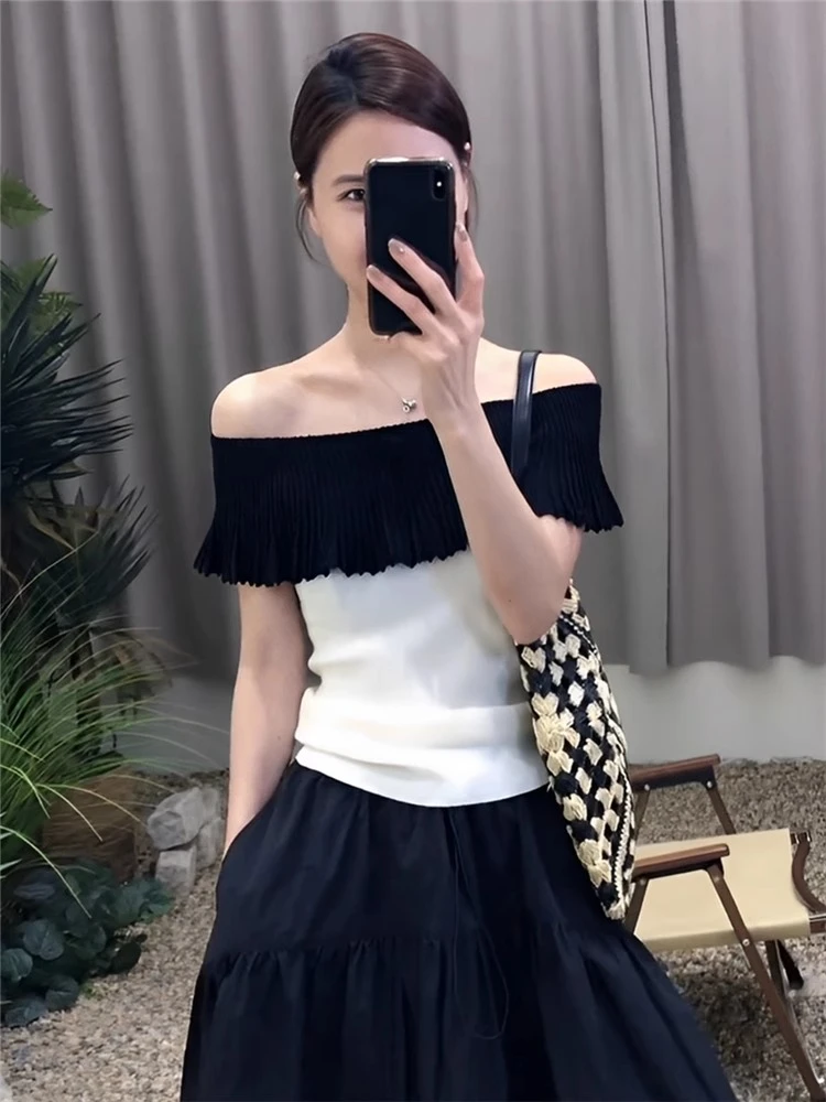 法式高级荷叶边一字肩上衣女2025夏季新款冰丝针织小衫设计感小众