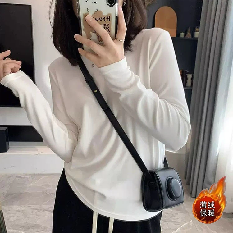 chic简约长袖圆领内搭打底衫女秋冬季薄绒保暖修身辣妹风T恤上衣
