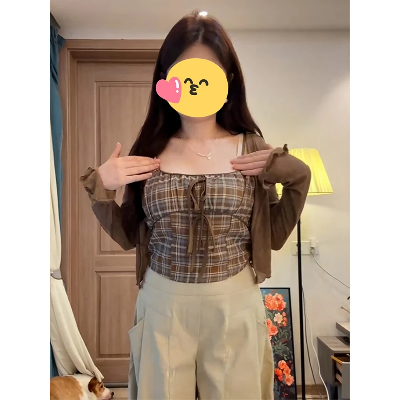 大码胖MM辣妹风格纹蝴蝶结吊带背心女夏季设计感开衫上衣显瘦套装