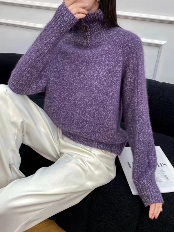 落肩袖常规针织衫时尚女士百搭半高领绒衫宽松高领毛毛衣秀姿家