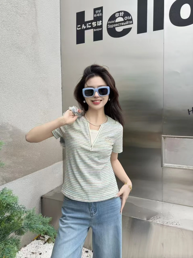 25002【衣长53】时尚条纹短袖T恤女2025夏季新款气质显瘦上衣