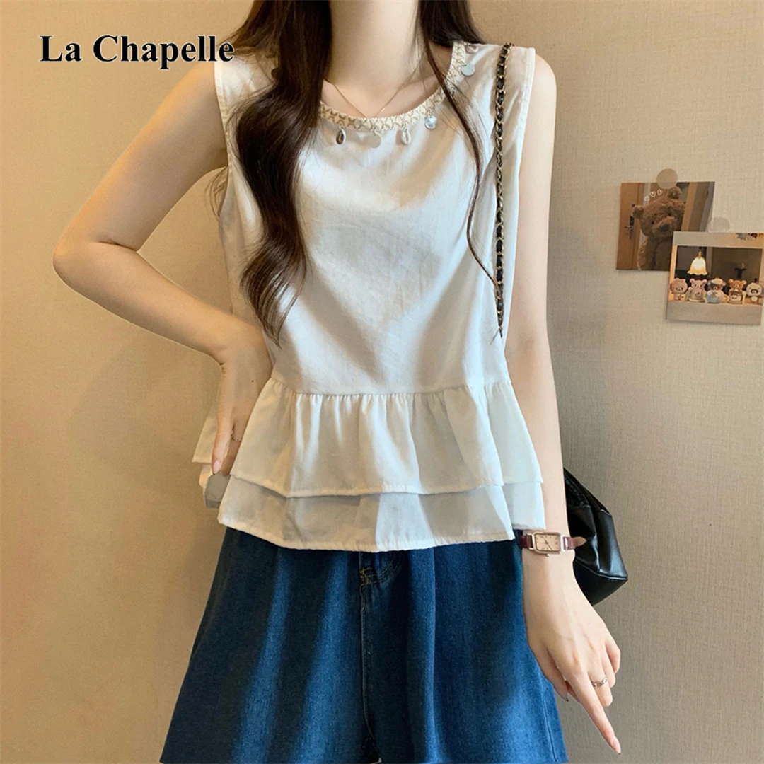 拉夏贝尔新版韩风设计感背心吊带女夏新款宽松亮片无袖娃娃衫上衣