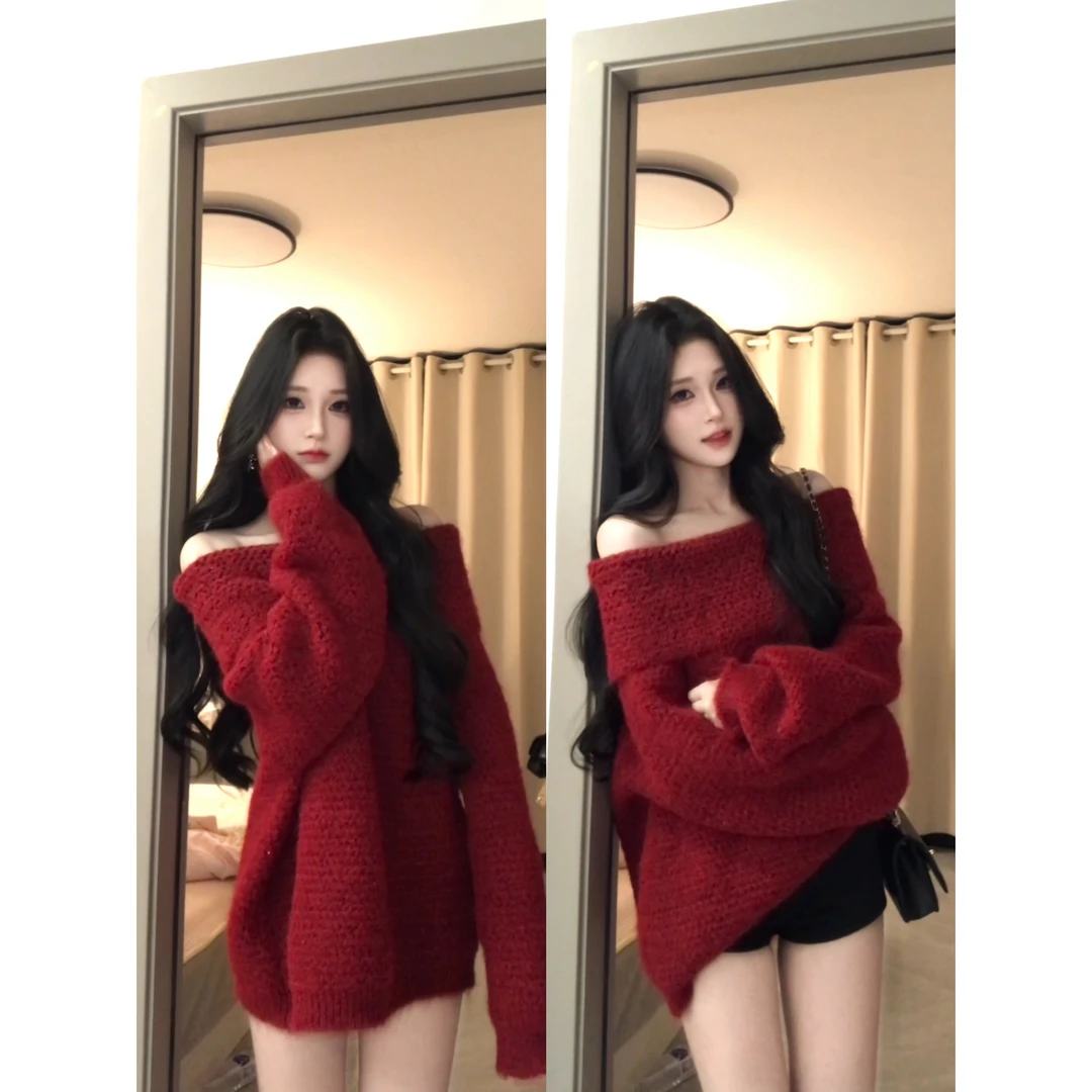 红色加厚带闪片针织长袖慵懒宽松一字肩毛衣