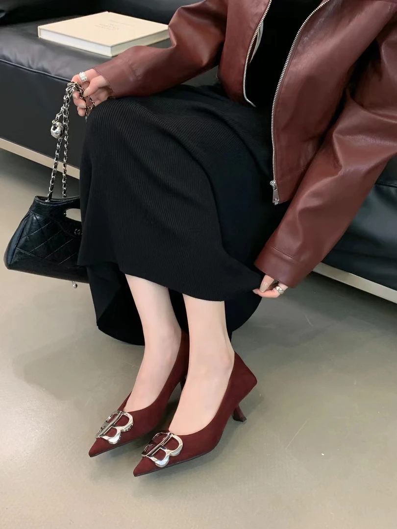 安安家 6518-2 2025年新款法式设计尖头bb扣气质细跟高跟鞋女鞋